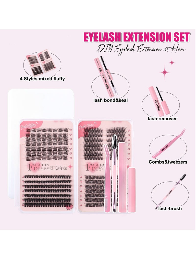 4 Styles DIY Eyelash Extension Kit 378 Clusters, 8-16mm Mixed Individual Lashes Cluster, Natural Curl Personal Eyelash Set, Segmented False Eyelashes, Thick Eyelashes