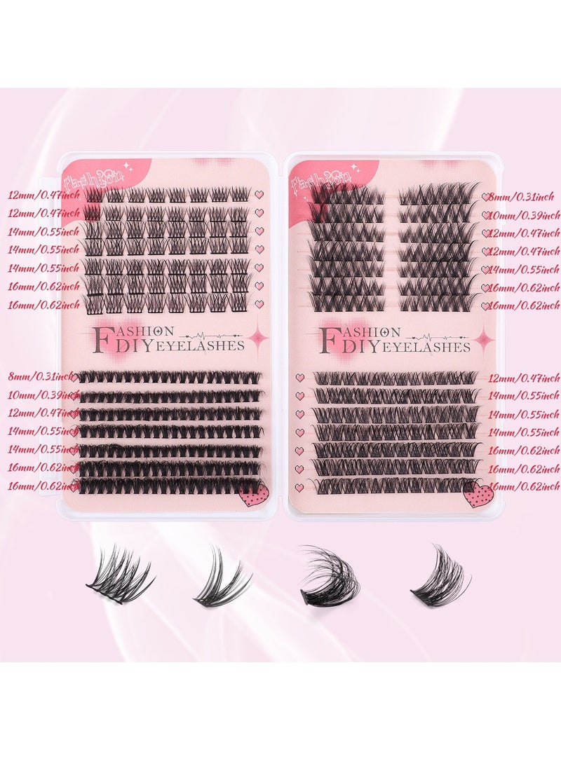 4 Styles DIY Eyelash Extension Kit 378 Clusters, 8-16mm Mixed Individual Lashes Cluster, Natural Curl Personal Eyelash Set, Segmented False Eyelashes, Thick Eyelashes