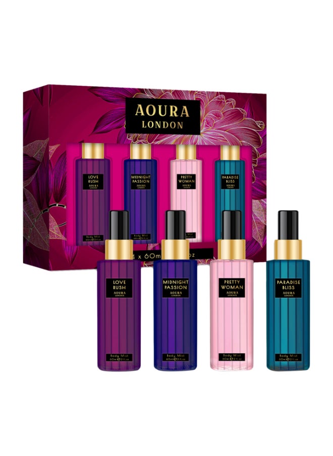 Collection Set Womens Body Mist Gift Set With Midnight Passion Love Rush Pretty Woman And Paradise Bliss Fragrance Spray Set (4X60Ml)