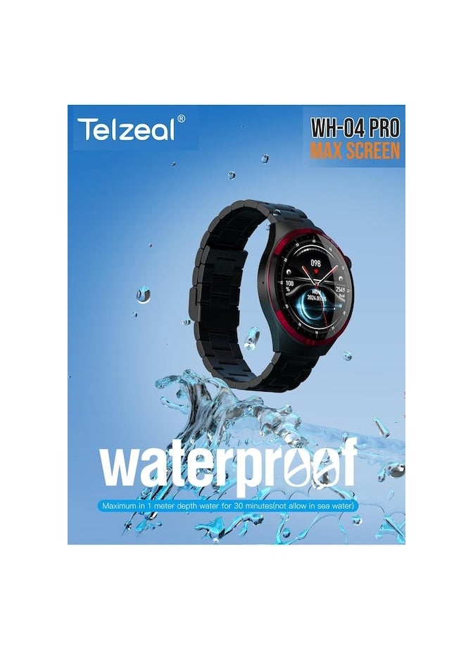 Telzeal WH 04 Pro Max Screen Waterproof Smartwatch With Curved Display 3 Pair Straps and Charging Cable Designed for Mens and Boys Black