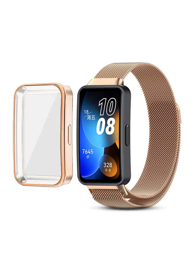 Milanese Straps For Huawei Band 8 | Band 9 With TPU Watch Case, Magnetic Stainless Steel Mesh Replacement Strap for Women Men- Rose Gold