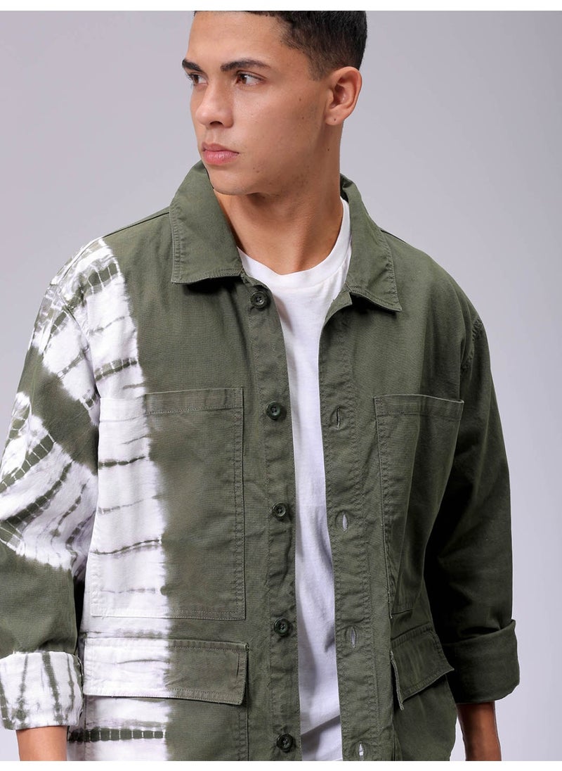 Men Olive Casual Relaxed Utility Overdye Jacket