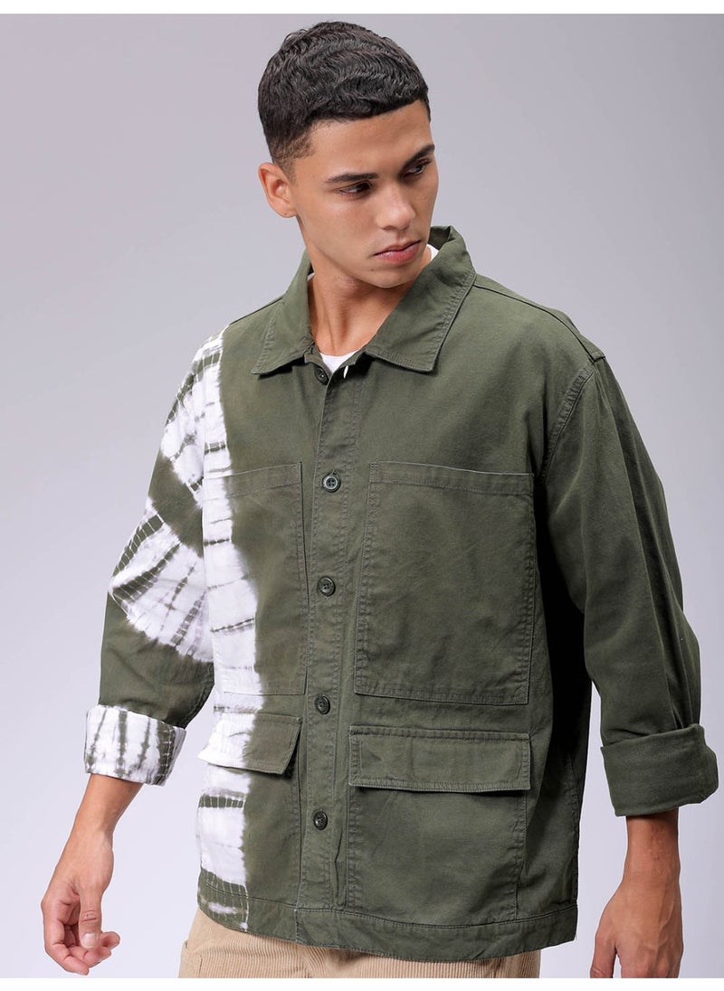 Men Olive Casual Relaxed Utility Overdye Jacket