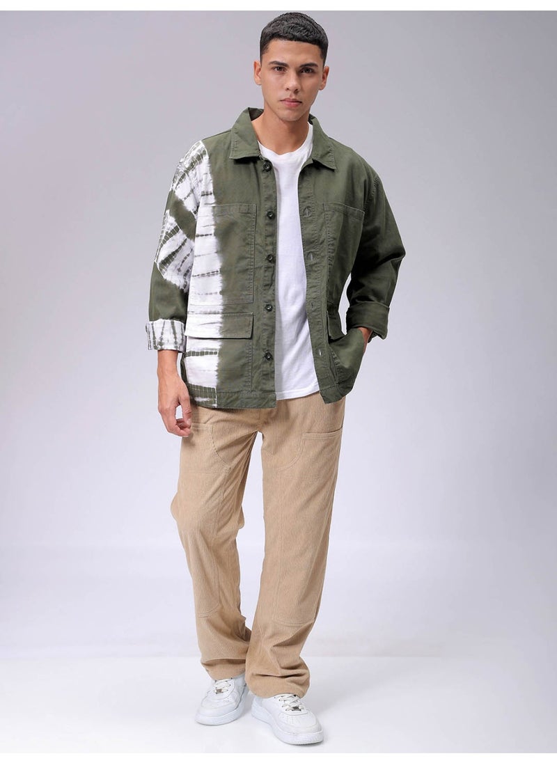 Men Olive Casual Relaxed Utility Overdye Jacket