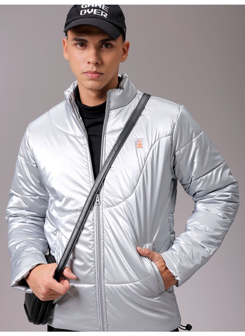 Men Grey Casual Puffer Jacket Slim Fit Quilted Casual Puffer Jacket