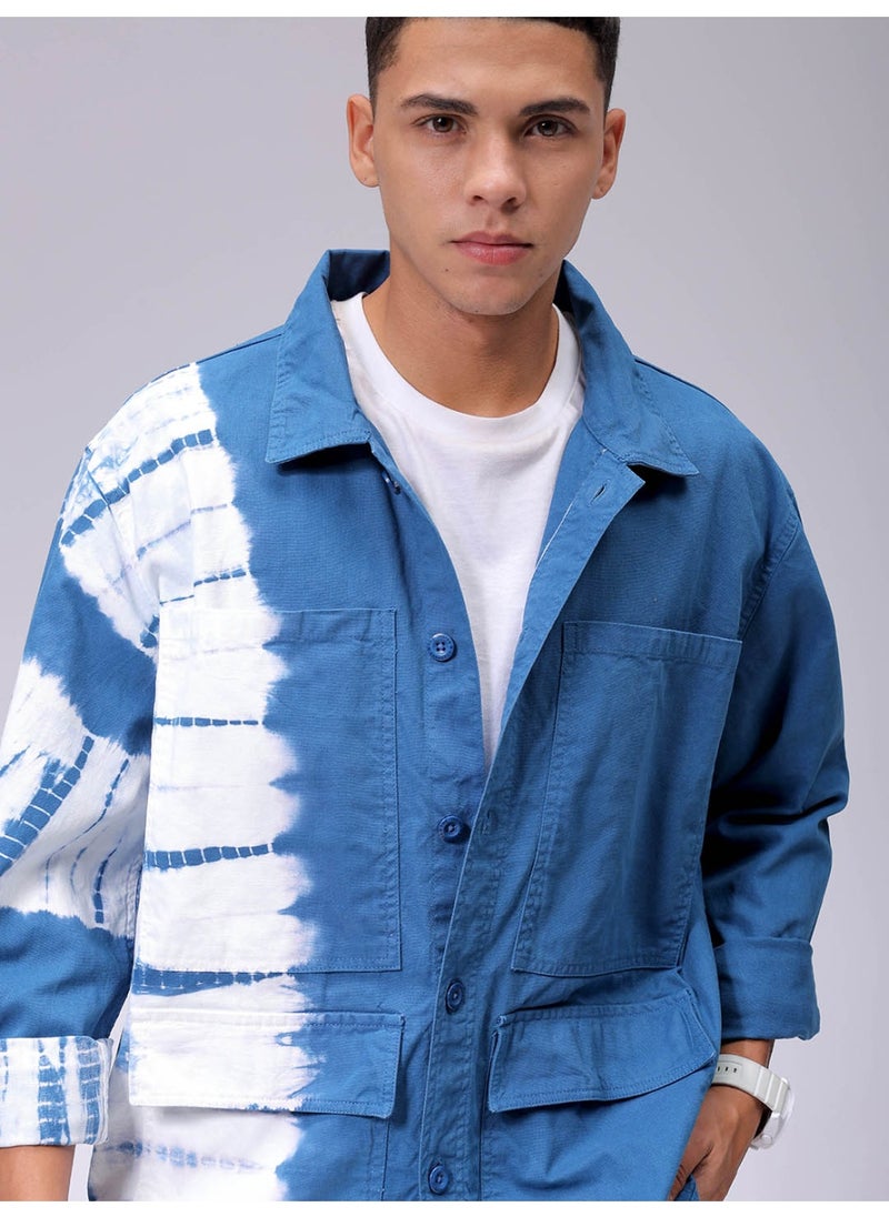 Men Teal Casual Relaxed Utility Overdye Jacket