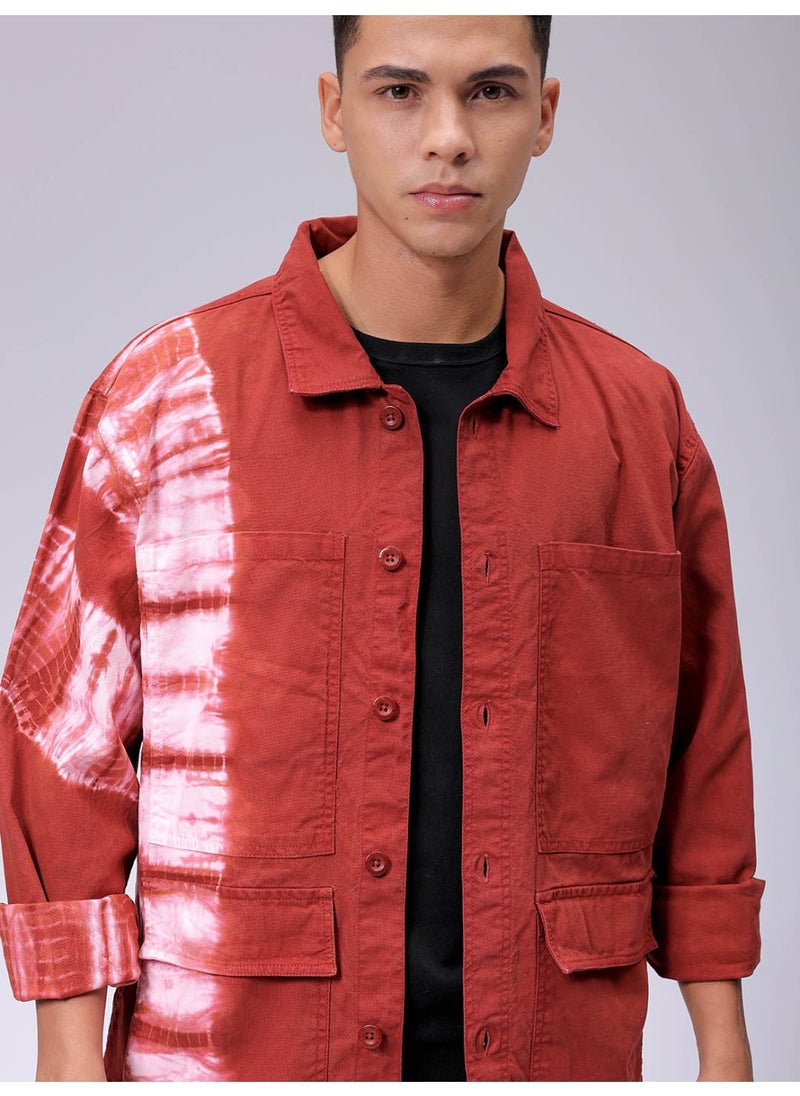 Men Rust Casual Relaxed Utility Overdye Jacket