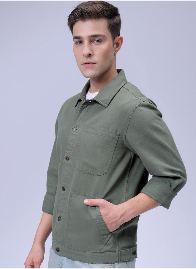 Men Slim Fit Solid Trucker Jacket