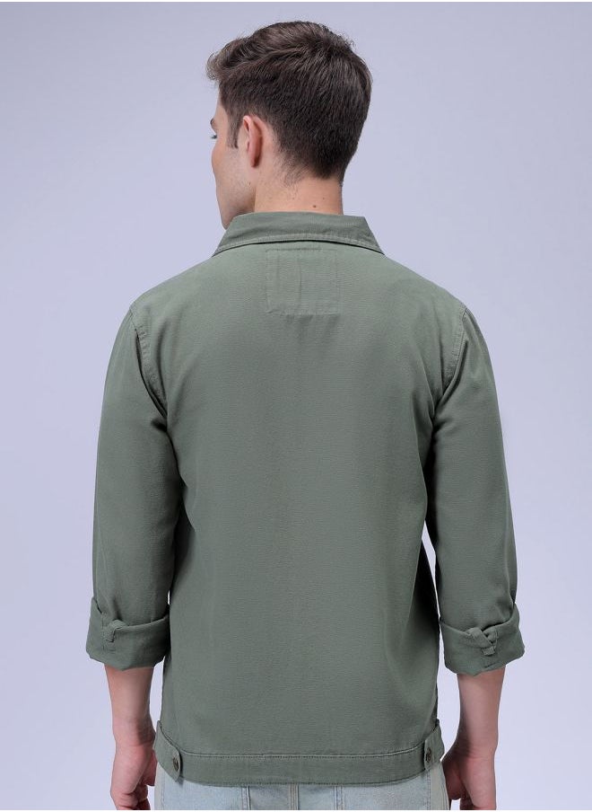 Men Slim Fit Solid Trucker Jacket