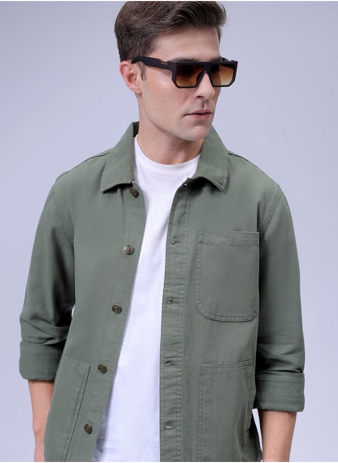 Men Slim Fit Solid Trucker Jacket