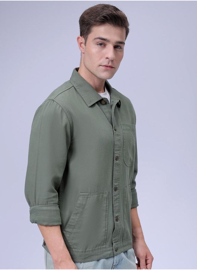 Men Slim Fit Solid Trucker Jacket