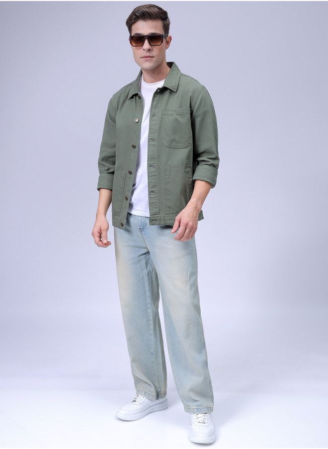 Men Slim Fit Solid Trucker Jacket