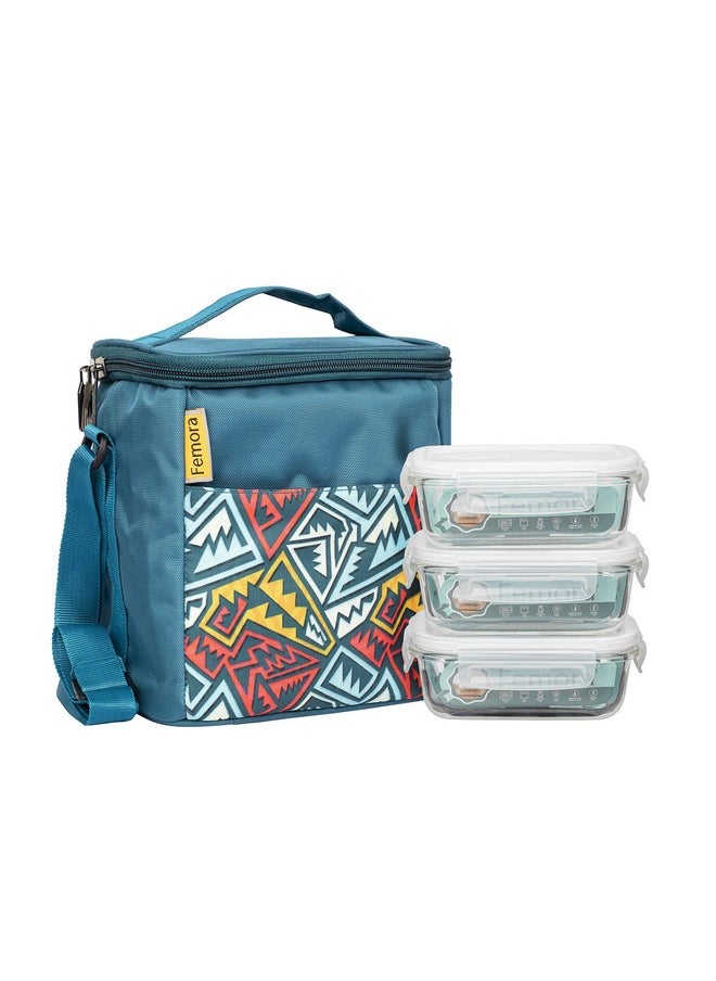 Femora Glass Lunch Box with Bag Set of 3 Containers, Rectangular- 400 ML Each, Clear, Microwavable Borosilicate Glaas, Ideal for College, Travel Office, Blue