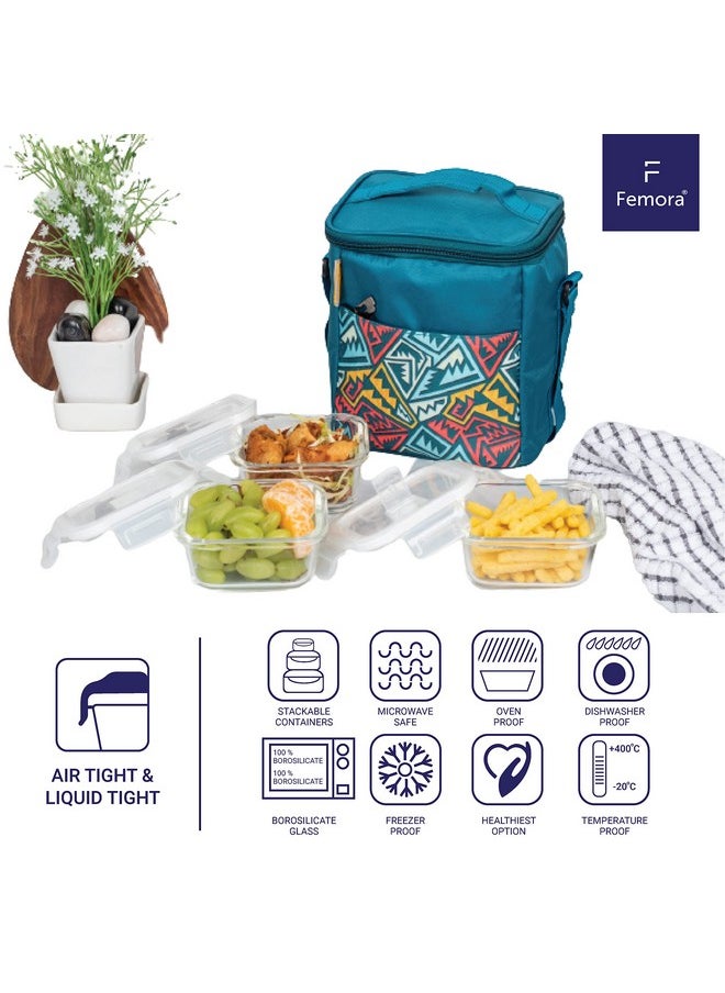 Femora Glass Lunch Box with Bag Set of 3 Containers, Rectangular- 400 ML Each, Clear, Microwavable Borosilicate Glaas, Ideal for College, Travel Office, Blue