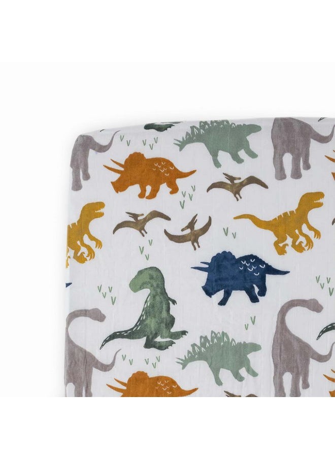 Little Unicorn Dino Friends Fitted Crib Sheet | 100% Cotton Muslin | Super Soft | Sized for Standard Baby Crib & Toddler Mattress | Machine Washable | 52” x 28” x 9”