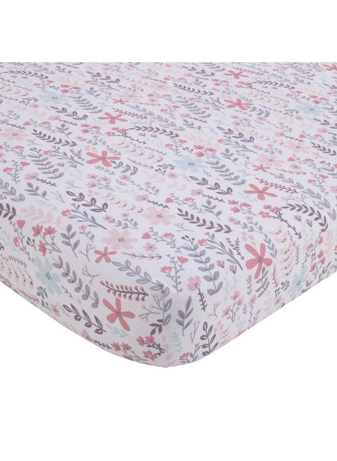 Little Love by NoJo Desert Flower - Feathers and Ferns Pink, Grey and Aqua Fitted Crib Sheet