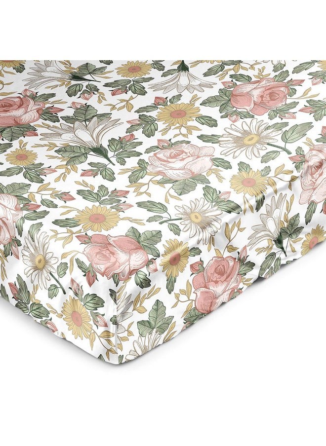 Sweet Jojo Designs Vintage Floral Boho Girl Baby Satin Fitted Crib Sheet Infant Newborn Nursery Toddler Bed Room Standard Mattress Blush Pink Yellow Bohemian Shabby Chic Farmhouse Sage Green White