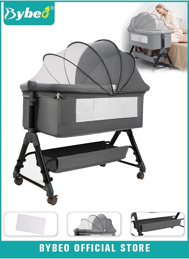 4Pcs Bedside Baby Crib, Portable Folding Babies Bassinet with Mosquito Net, Mattress, Diaper Changing Station, and 360° Swivel Wheels, Height Adjustable Nursery Bed for Infant Newborn