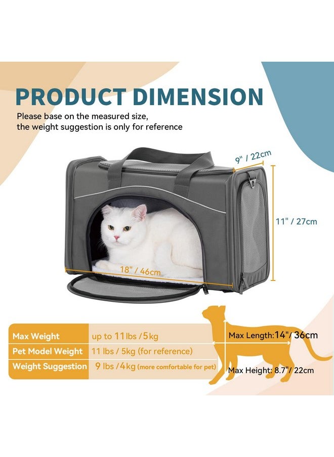 Petsfit TSA Approved Pet Carrier for Small Cats Dogs, Travel Bag with Adequate Ventilation, 3 Entrance, Locking Safety Zippers, Padded Shoulder and Carrying Strap 18Lx9Wx11H Inch Grey