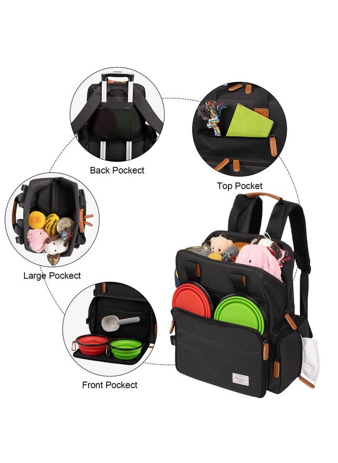 Modoker Dog Travel Bag, Airline Approved Backpack for Pet Accessories Organizer, Tote Weekend Bag with 2 Dog Food Storage Containers, 2 Collapsible Dog Bowls, 1 Pet Mat, Black