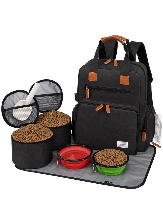 Modoker Dog Travel Bag, Airline Approved Backpack for Pet Accessories Organizer, Tote Weekend Bag with 2 Dog Food Storage Containers, 2 Collapsible Dog Bowls, 1 Pet Mat, Black