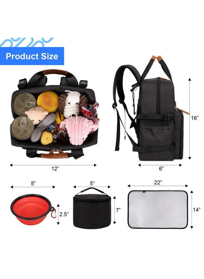 Modoker Dog Travel Bag, Airline Approved Backpack for Pet Accessories Organizer, Tote Weekend Bag with 2 Dog Food Storage Containers, 2 Collapsible Dog Bowls, 1 Pet Mat, Black