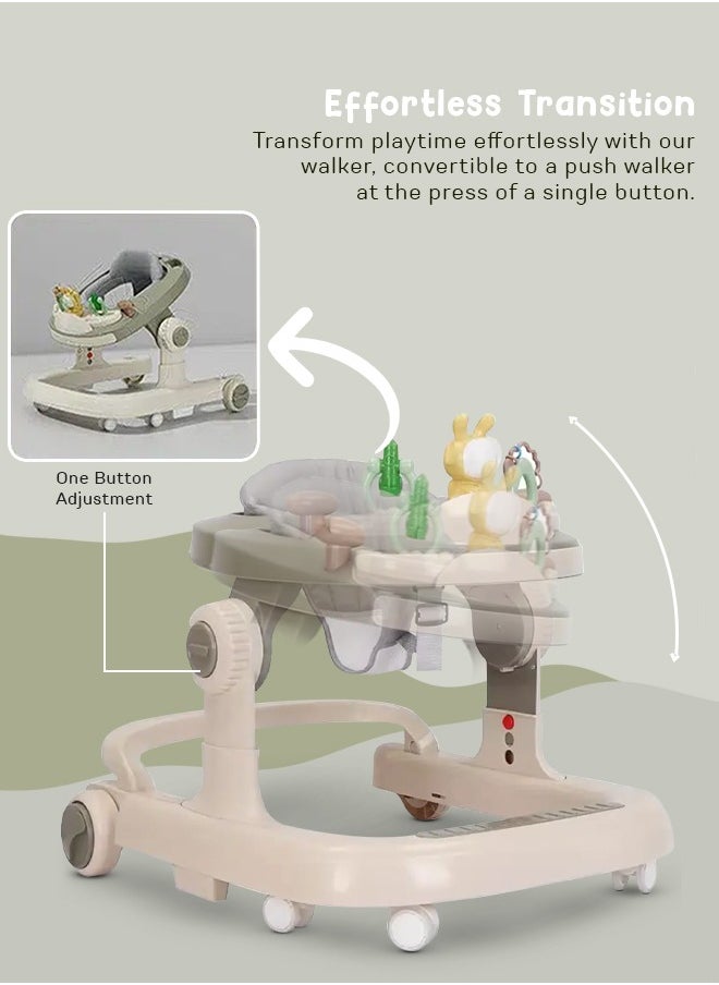 2 in 1 Baby Walker for Kids, Baby Push Walker with 3 Adjustable Height, Speed Adjustable, Foldable Kids Walker with Light, Musical & Food Tray Toddler Walker for Baby 6 to 24 Months Boy Girl Grey