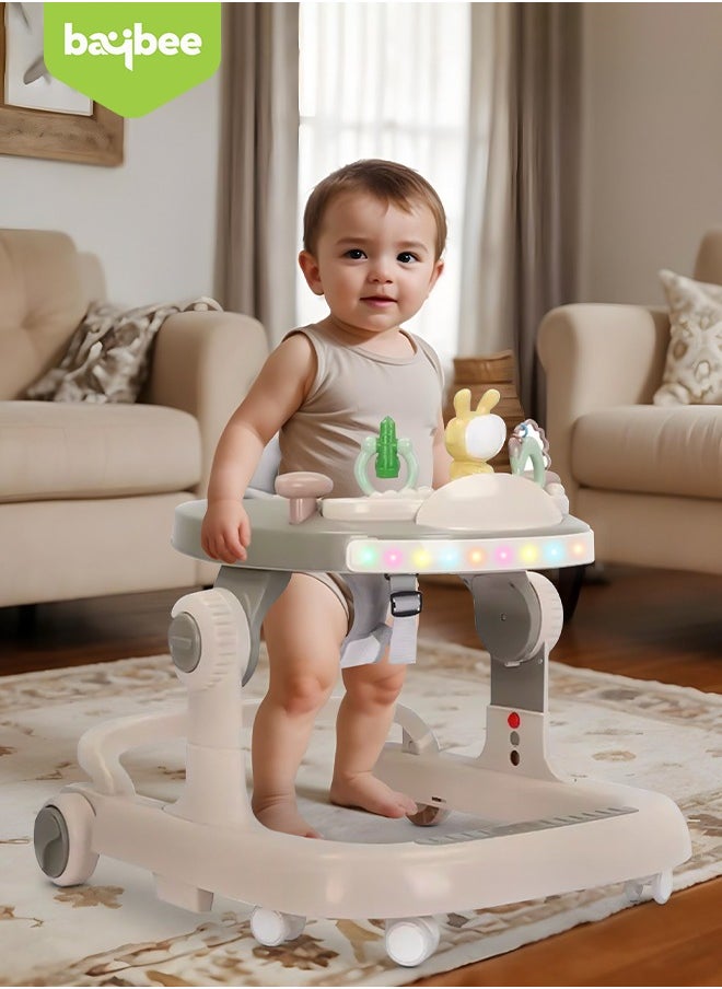 2 in 1 Baby Walker for Kids, Baby Push Walker with 3 Adjustable Height, Speed Adjustable, Foldable Kids Walker with Light, Musical & Food Tray Toddler Walker for Baby 6 to 24 Months Boy Girl Grey