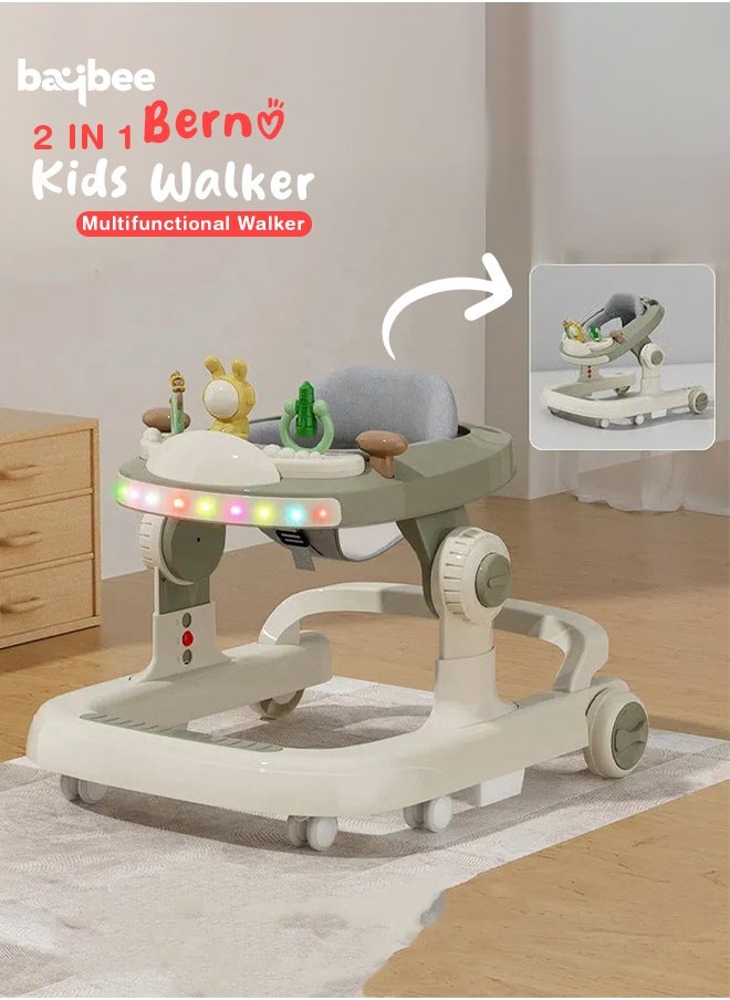2 in 1 Baby Walker for Kids, Baby Push Walker with 3 Adjustable Height, Speed Adjustable, Foldable Kids Walker with Light, Musical & Food Tray Toddler Walker for Baby 6 to 24 Months Boy Girl Grey