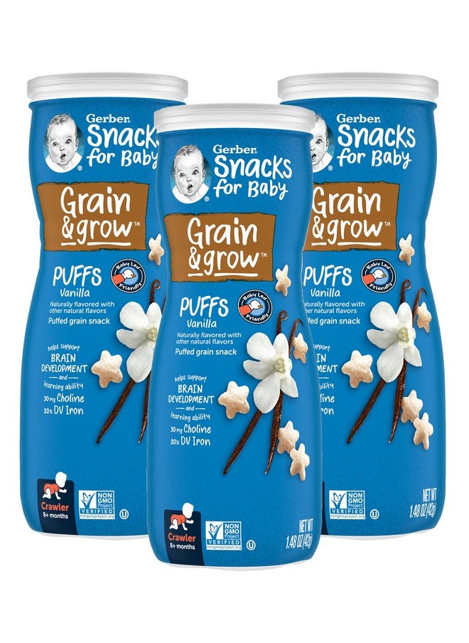 Gerber Snacks for Baby Grain & Grow Puffs, Vanilla, Puffed Grain Snack for Crawlers, Non-GMO Baby Snack, Baby-Led Friendly, 1.48-Ounce Canister (Pack of 3)