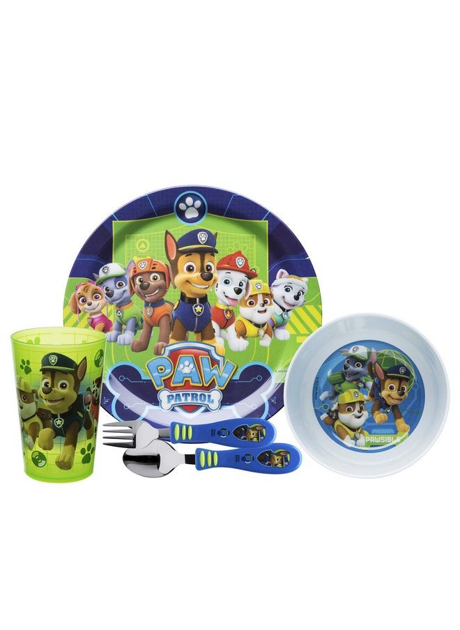 zak! PAW Patrol - 5-Piece Dinnerware Set - Durable Plastic & Stainless Steel - Includes Tumbler, 8-Inch Plate, 6-Inch Bowl, Fork & Spoon - Suitable for Kids Ages 3+