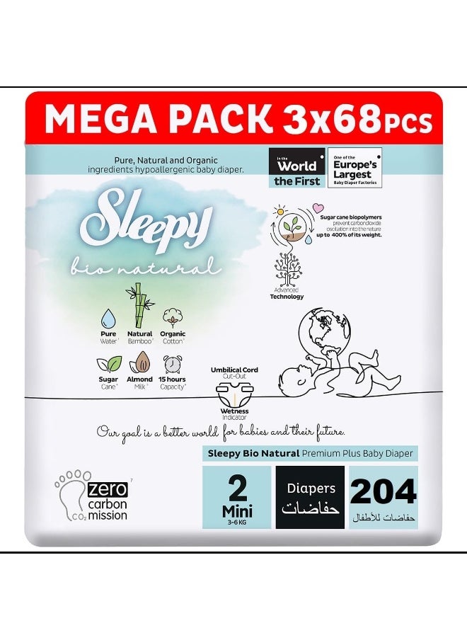 Pack Of 204 Bio Natural Premium Size 2 Diapers, Baby Dry Taped Diapers, 3-6Kg, Hypoallergenic, 3X68 Water Based, Almond Milk, Vegan, 100% Leakproof, 3 X 68 Pieces