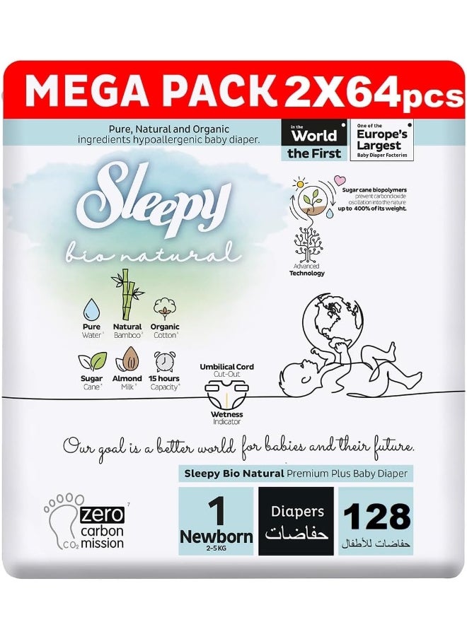 Pack Of 128 Bio Natural Premium Size 1 Diapers, Baby Dry Taped Diapers, 2-5Kg Hypoallergenic, Water Based, Almond Milk, Vegan, 100% Leakproof, 2 X 64 Pieces