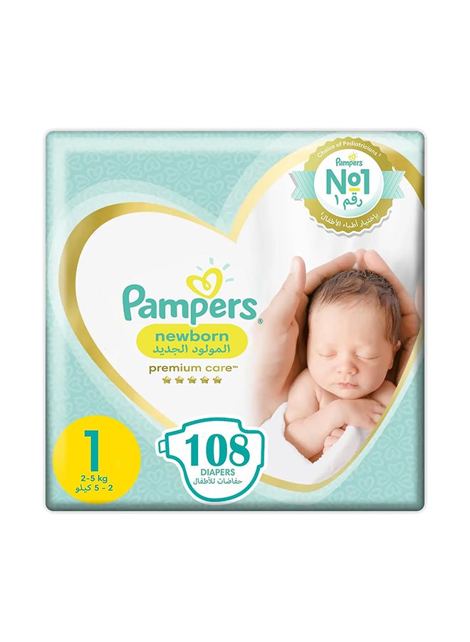 Premium Care Newborn Taped Diapers, Size 1, 2-5Kg, Unique Softest Absorption For Ultimate Skin Protection, 108 Count