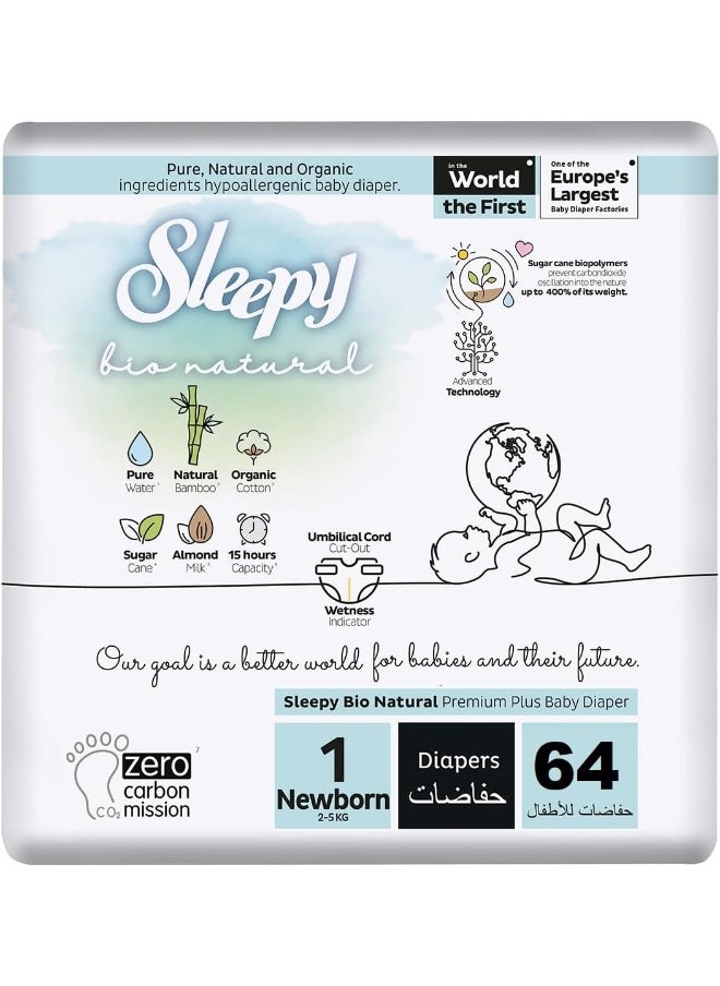 Pack Of 64 Bio Natural Premium Size 1 Diapers, 2 - 5 Kg