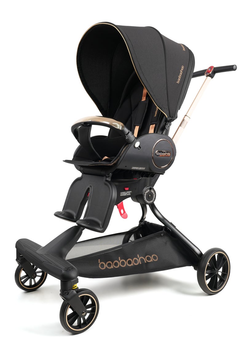 Compact Aluminum Frame Stroller with Reversible Seats, 6-inch Front & 8-inch Rear Wheels, 5-Point Safety Belt, One-Hand Fold, Adjustable Handle, Removable Canopy, and Extra Cushion for Comfort