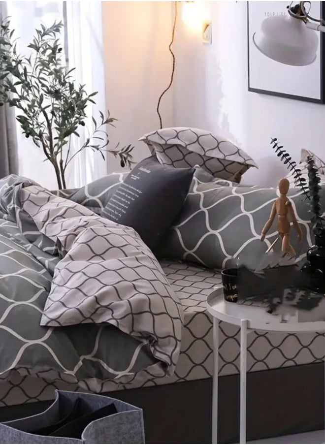 Queen size 6 piece geometric pattern duvet cover set gray & cream bedding set reversible style.