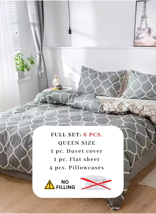 Queen size 6 piece geometric pattern duvet cover set gray & cream bedding set reversible style.