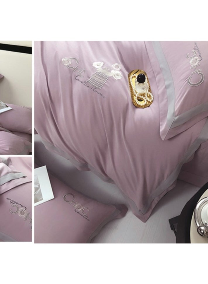 All-cotton high quality 220×240cm duvet cover with minimalist embroidery, 4-piece pure cotton sheet set with 2 pillow cases, new model,  king size, pink