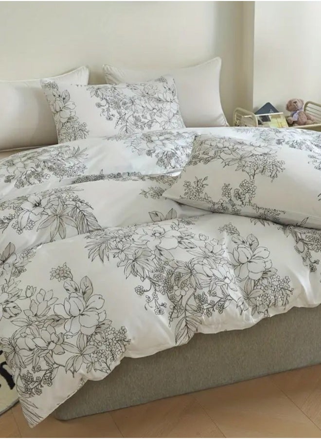 Queen size 6 piece floral bedding set in black and white vintage style.