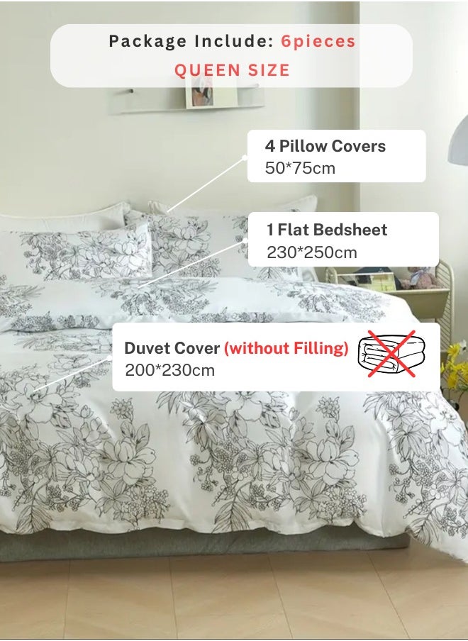 Queen size 6 piece floral bedding set in black and white vintage style.