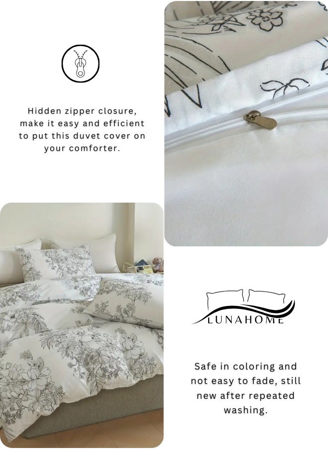 Queen size 6 piece floral bedding set in black and white vintage style.