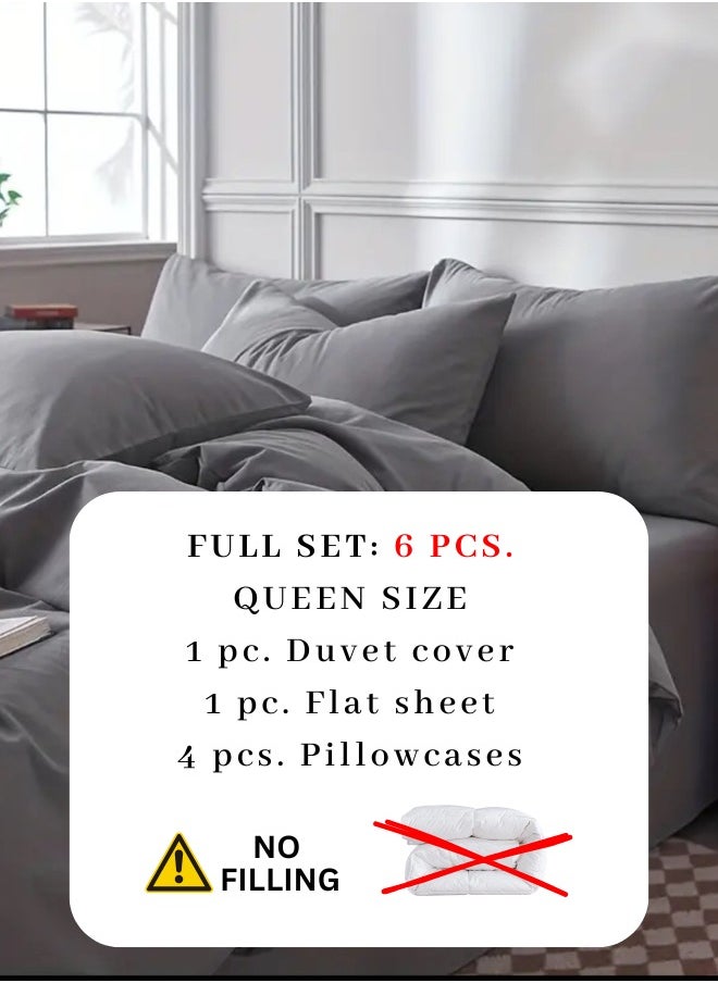 Queen Size 6-Piece Premium Quality Bedding Set in Solid Dark Grey, No Filler Included.