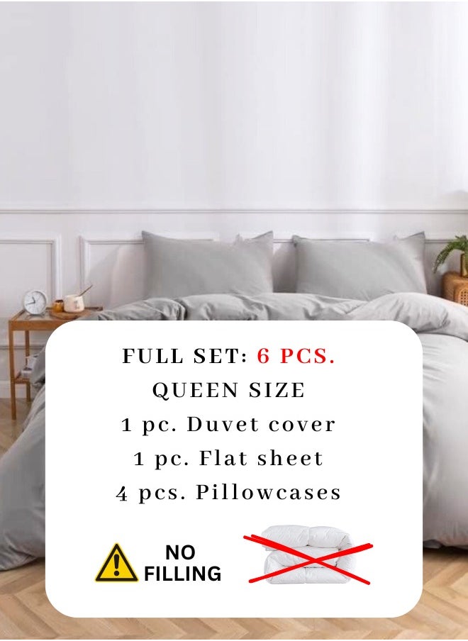 Queen Size 6-Piece Premium Quality Bedding Set in Solid Grey, No Filler Included.