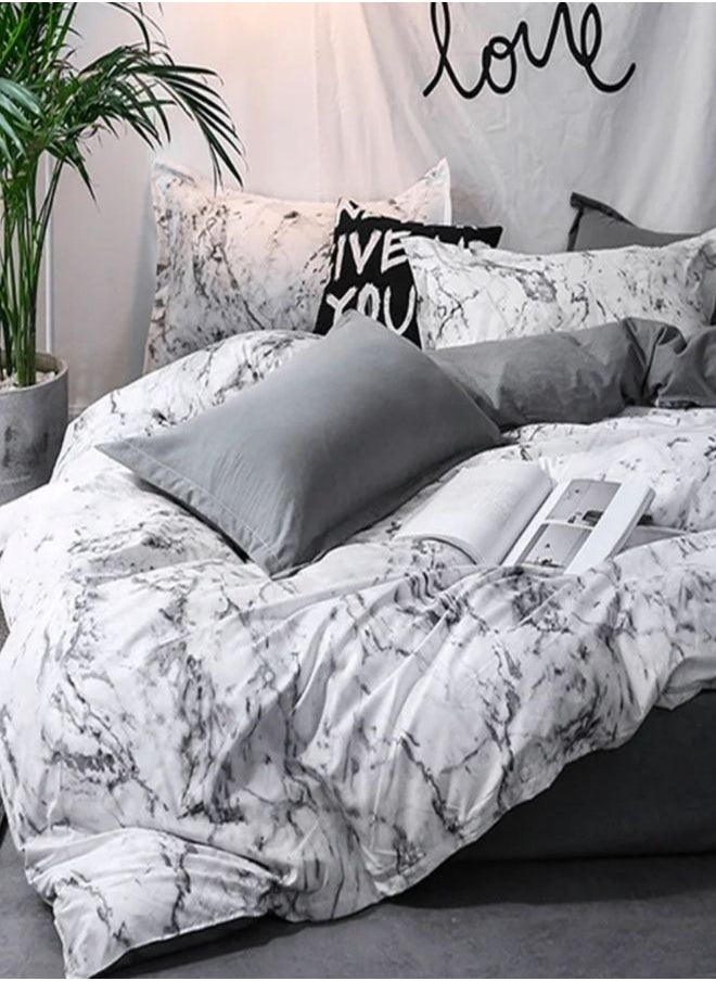 Queen-Size 6-Piece Marble Duvet Cover Set. Reversible Bedding Ensemble in Grey and White.