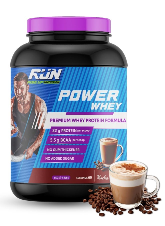 Power Whey Protein 2kg, Premium Whey Powder, 22g Protein, 5.5g BCAA, Non-GMO, Gluten free, Soy free, 4.40 Lbs (Mocha)