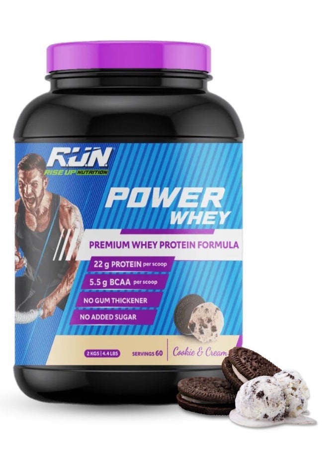 Power Whey Protein 2kg, Premium Whey Powder, 22g Protein, 5.5g BCAA, Non-GMO, Gluten free, Soy free, 4.40 Lbs (Cookie & Cream)