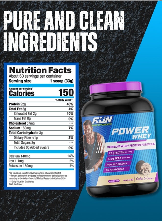 Power Whey Protein 2kg, Premium Whey Powder, 22g Protein, 5.5g BCAA, Non-GMO, Gluten free, Soy free, 4.40 Lbs (Cookie & Cream)