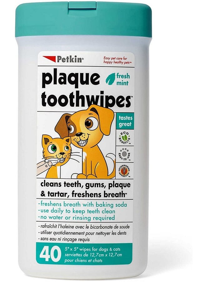 Petkin Cat and Dog Dental Wipes, 40 Wipes (Fresh Mint) - Natural Formula Cleans Teeth, Gums & Freshens Breath - for Daily Use - Convenient Dog Dental Care - 1 Pack of 40 Wipes