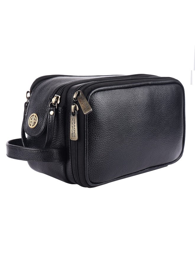 HAMMONDS FLYCATCHER Genuine Leather Toiletry Bag For Men And Women - Travel Organizer With Multiple Compartments, Black Kit Bag For Shaving, Toiletries, And Grooming - Shaving Kit Bag For Men, 13.5 Cm